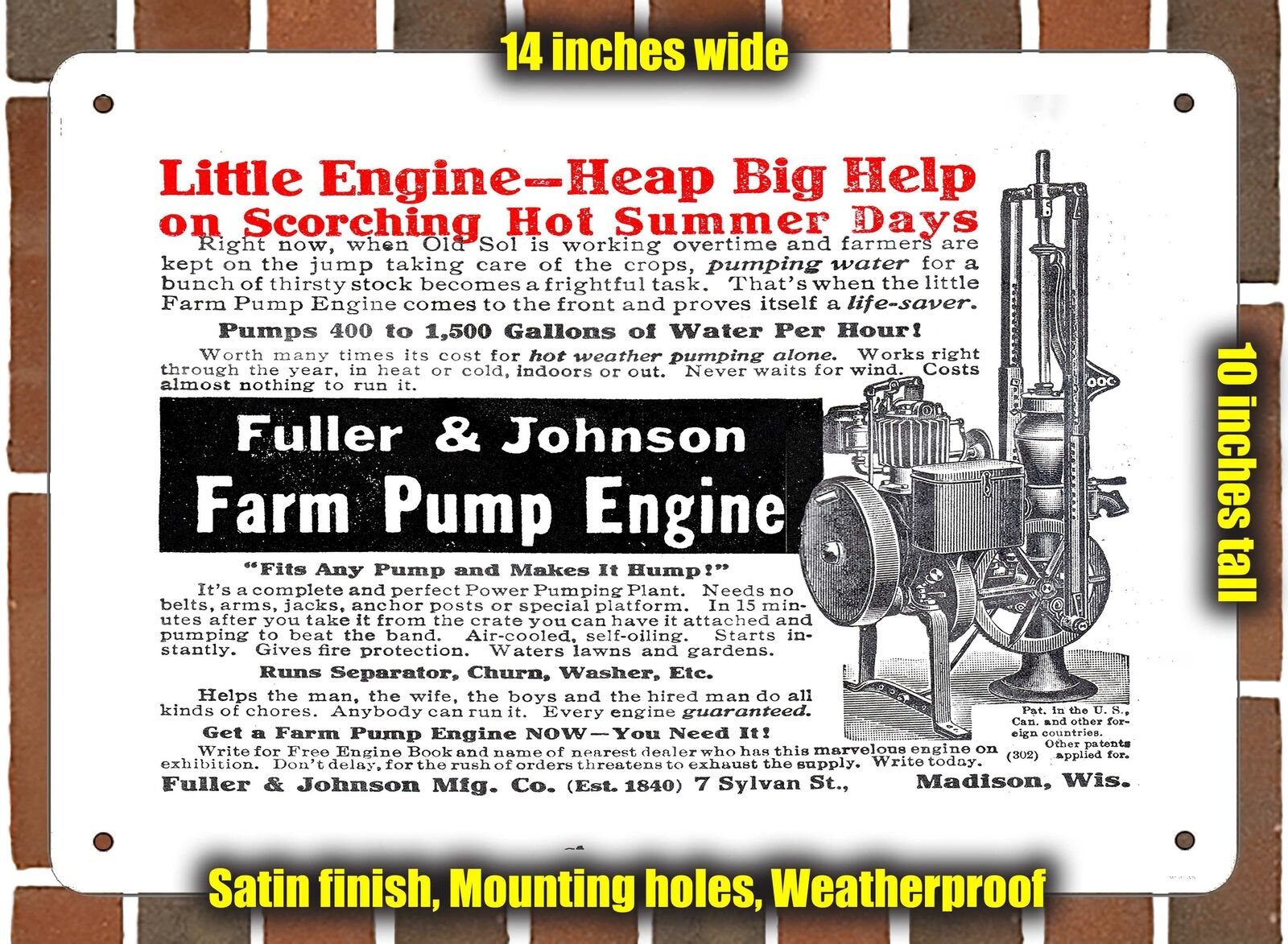 Metal Sign - 1911 Fuller Johnson Farm Pump Engine- 10x14 inches