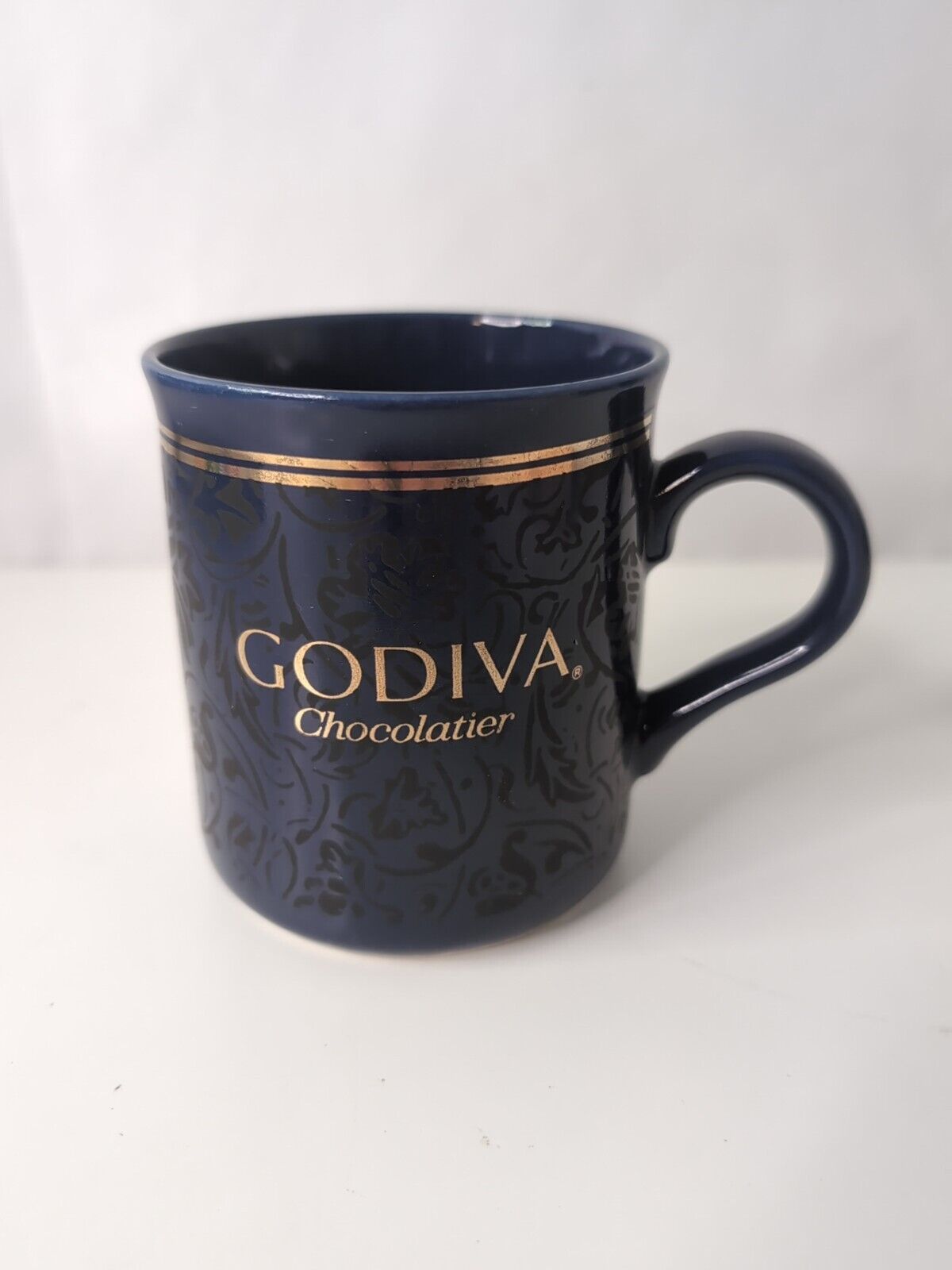 Godiva Chocolatier Coffee Tea Cup Blue Gold Black Floral Design Mug