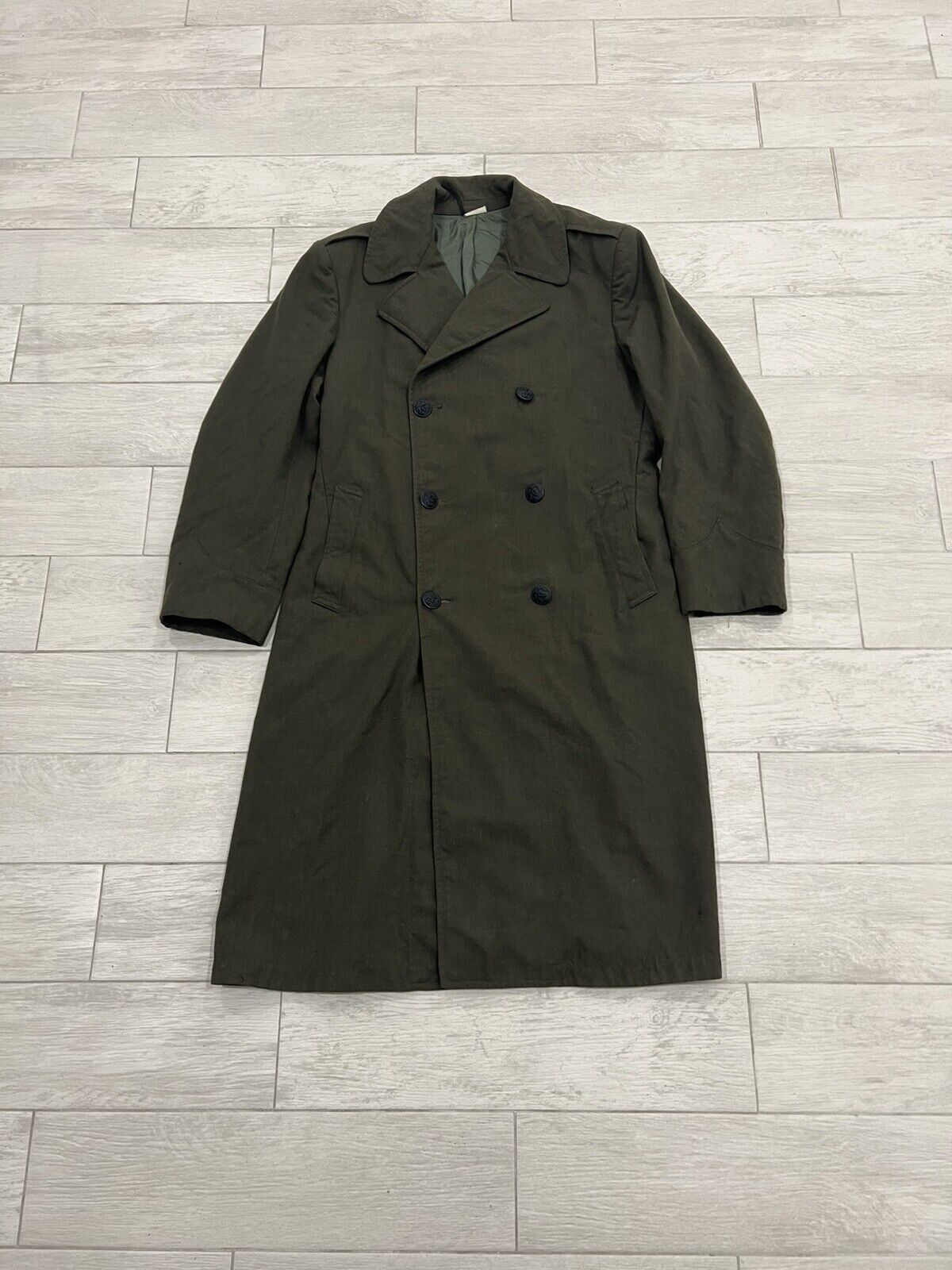 Vintage 100% Wool Serge Green 8405 889 3651 Marine Military Overcoat Size 44