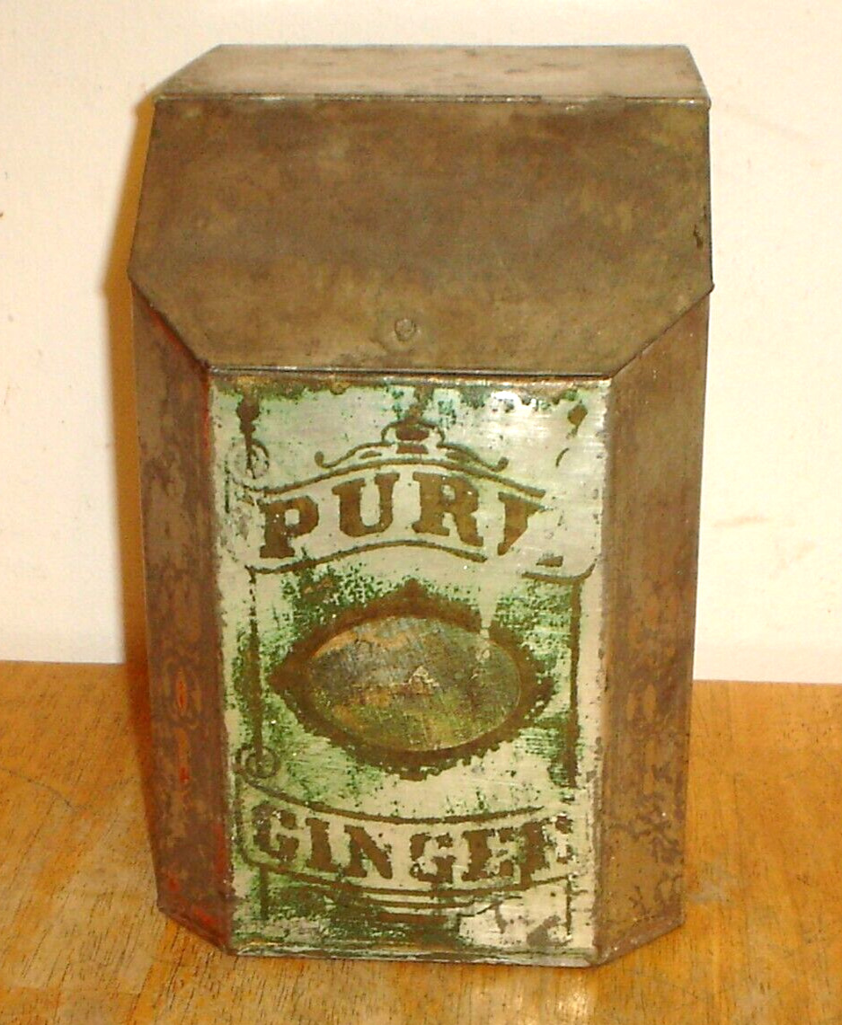 Antique J. W. Stearns Pure Ginger Country Store Counter Display Tin Spice Bin