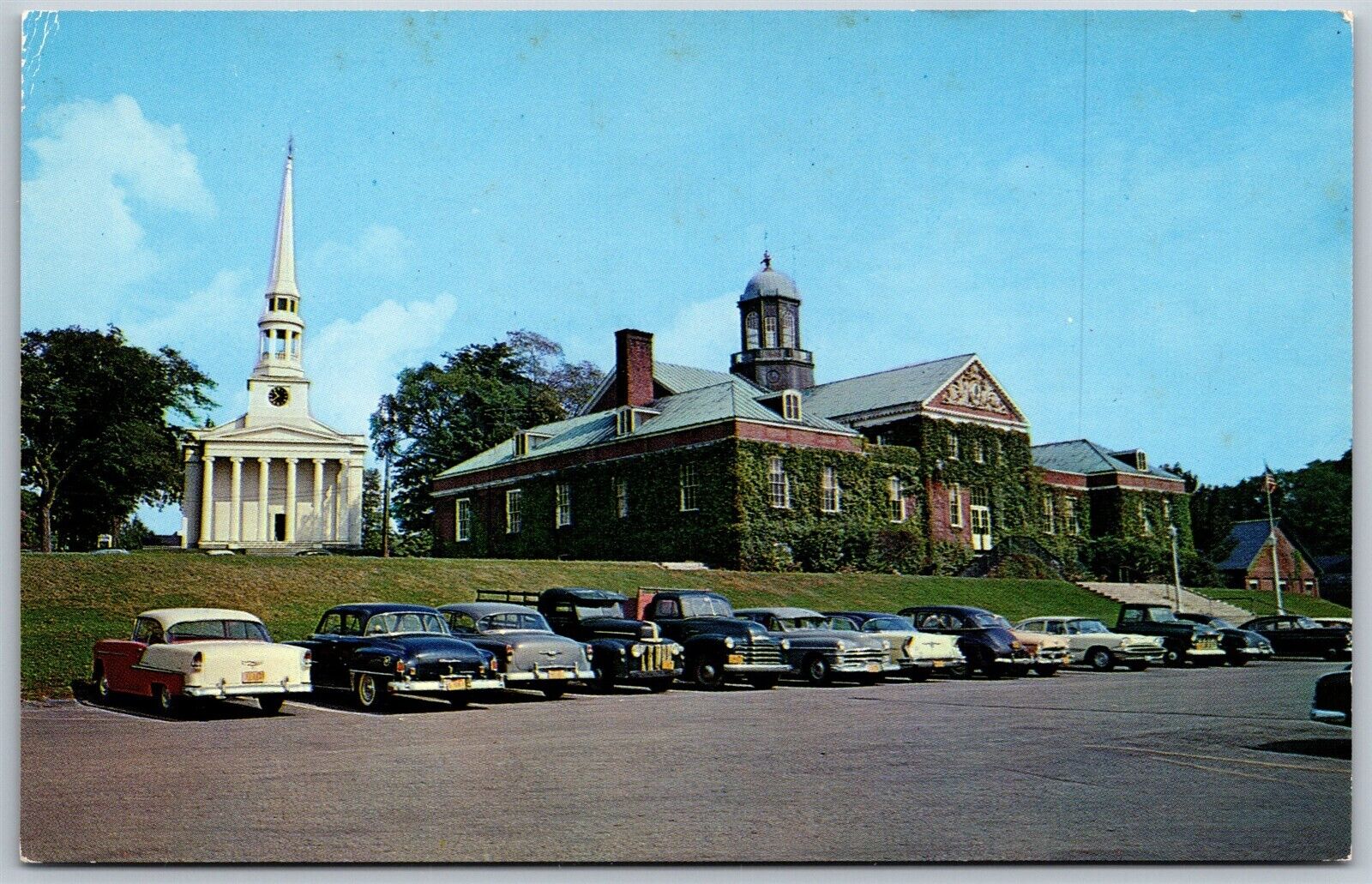 Vtg Ellsworth Maine ME Municipal Building & Church Old Cars 1950s View Postcard