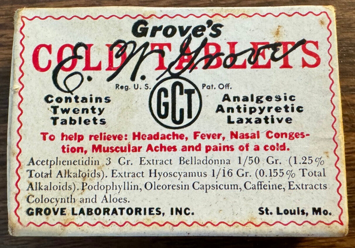 Vintage E. W. Grove\'s Cold Tablets - St.Louis, Mo. - EMPTY