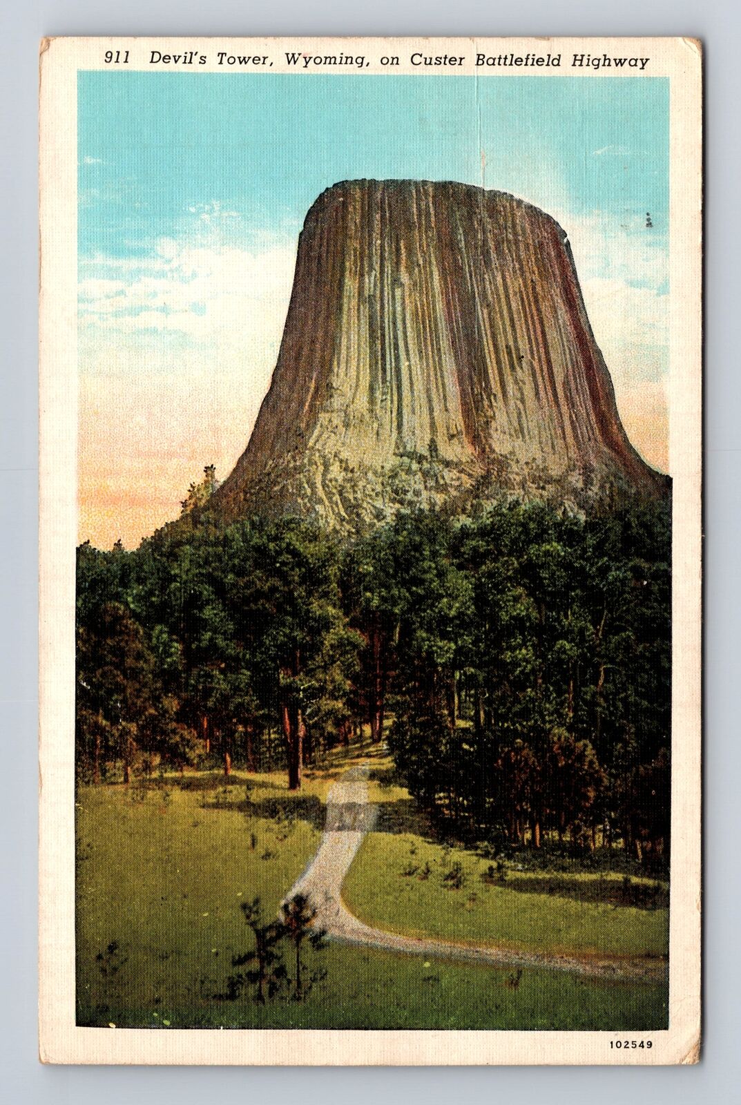 Devils Tower WY-Wyoming, Custer Battlefield Highway, Vintage c1940 Postcard