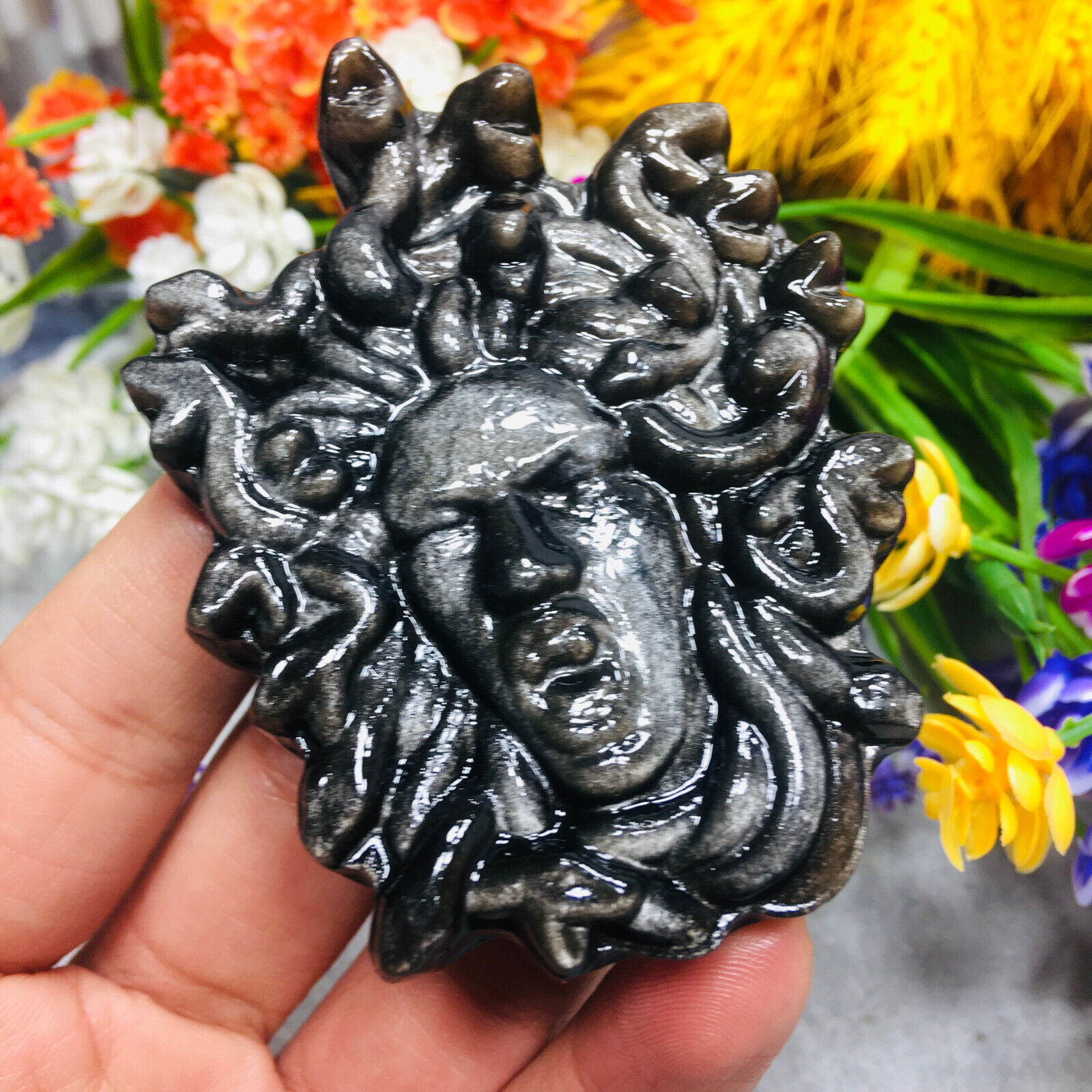 Natural Silver Obsidian Hand Carved The Medusa Skull Quartz Crystal Healing 1PC