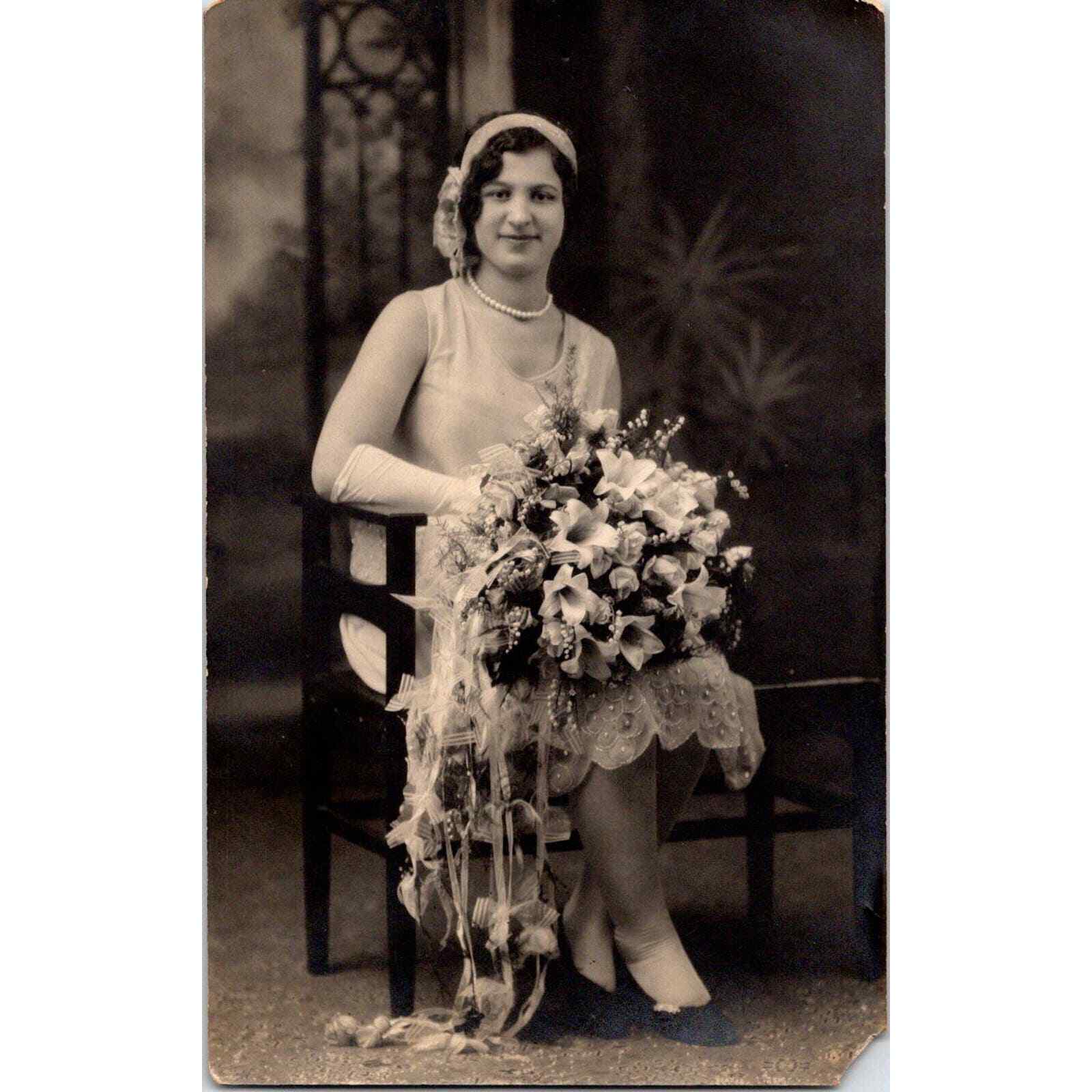 Vintage Postcard RPPC Bride With Large Flower Bouquet, 1900s Wedding