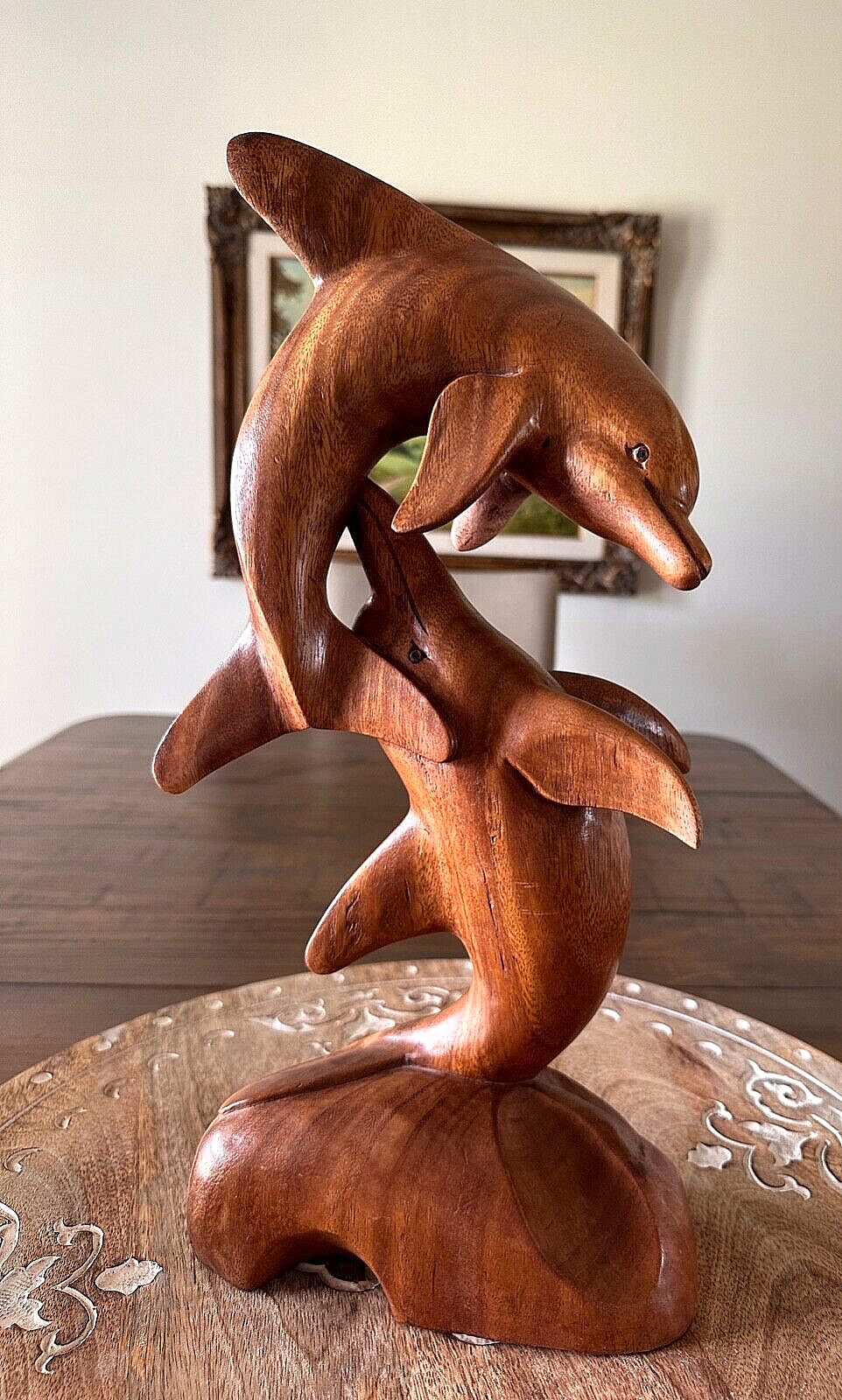 Wooden Dolphins Pair Tall Hand Carved Riding Wave VTG Wood Statue Carving 17”