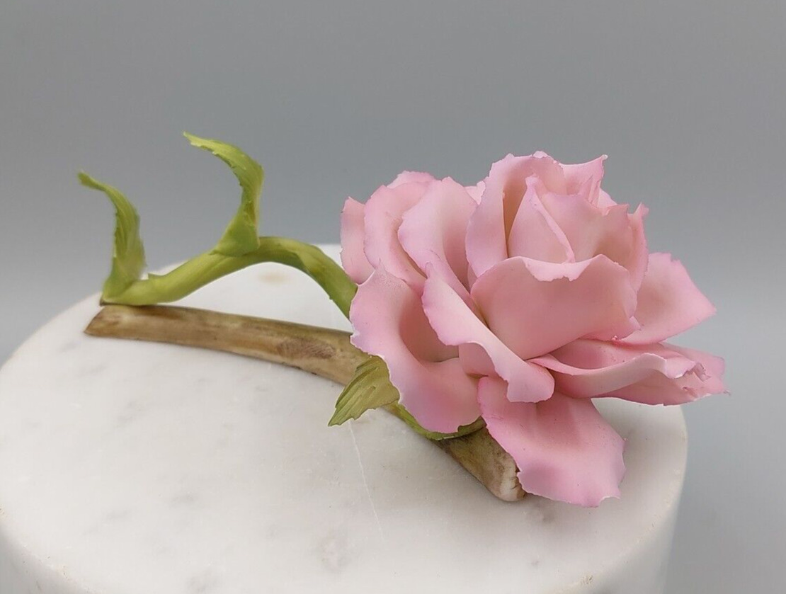 Vintage Porcelain Capodimonte Italy Large Pink Rose Blossom on Stem 6\