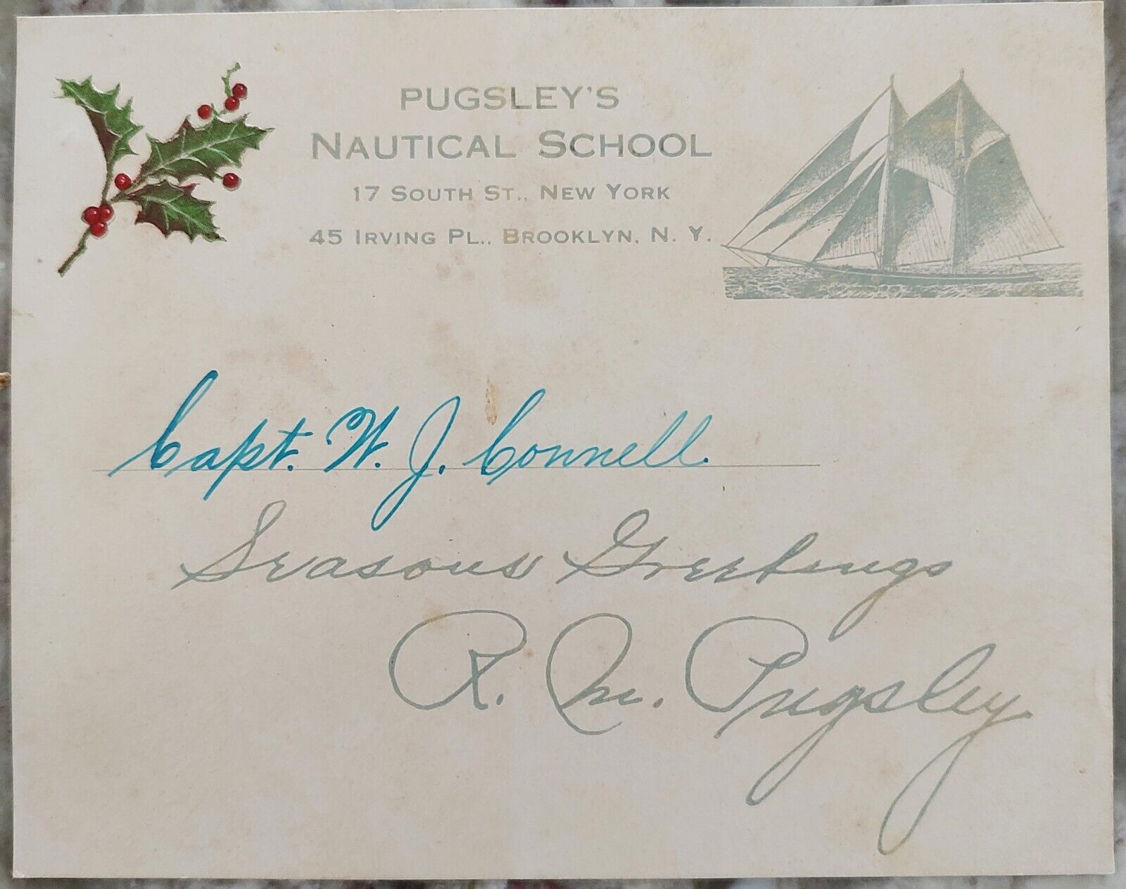 Vintage Maritime Christmas Card c1910s Pugsleys Nautical School NYC Brooklyn NY