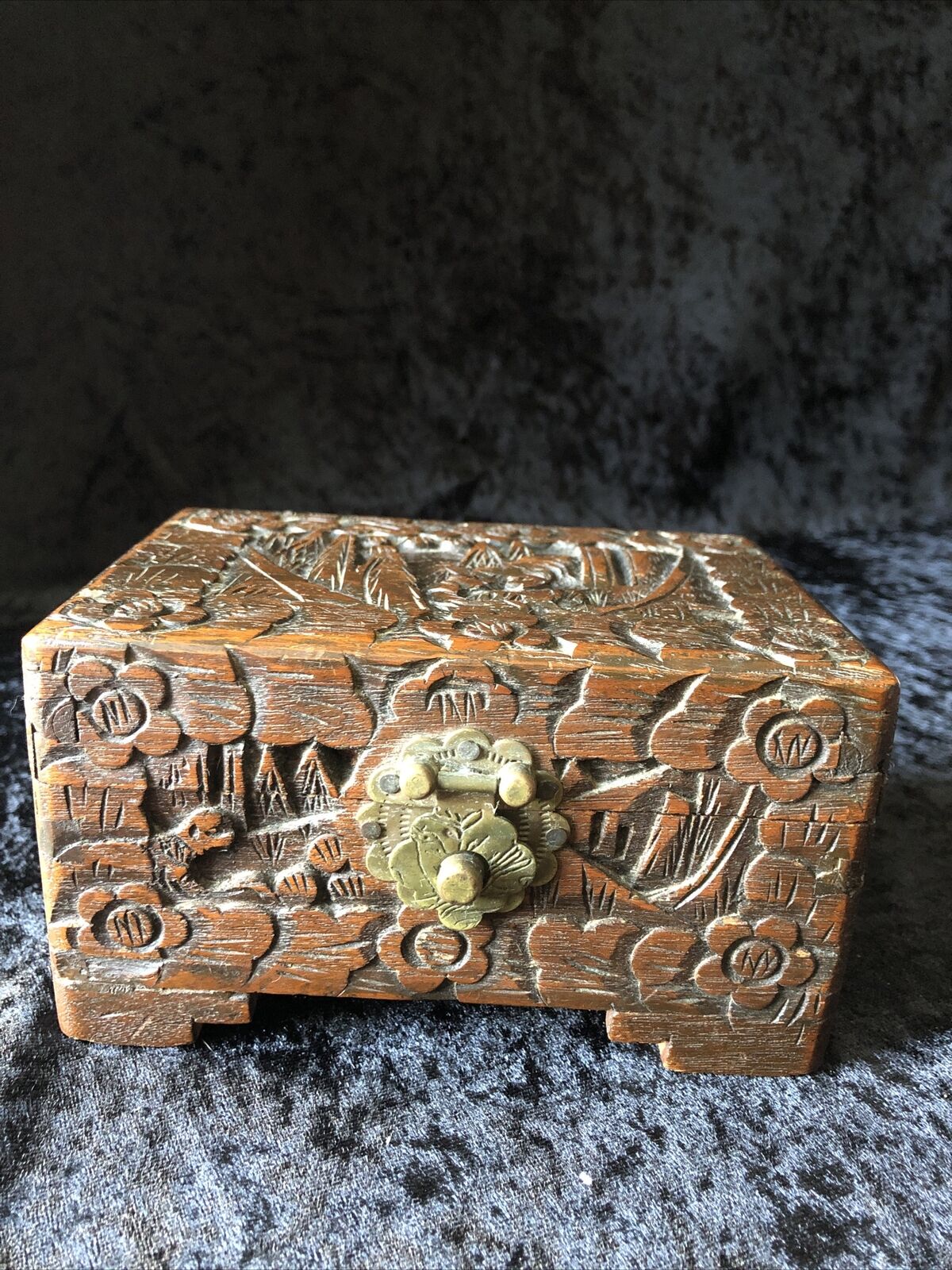 Vintage Chinese Hand Carved Wood Camphor Box w/Brass HardwareFree Shipping