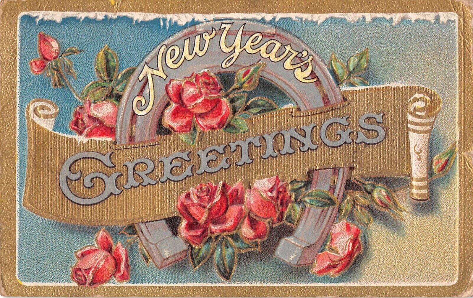1912 New Year PC of Pink Roses With a Scroll & a Horseshoe-Good Luck NY Ser No.1