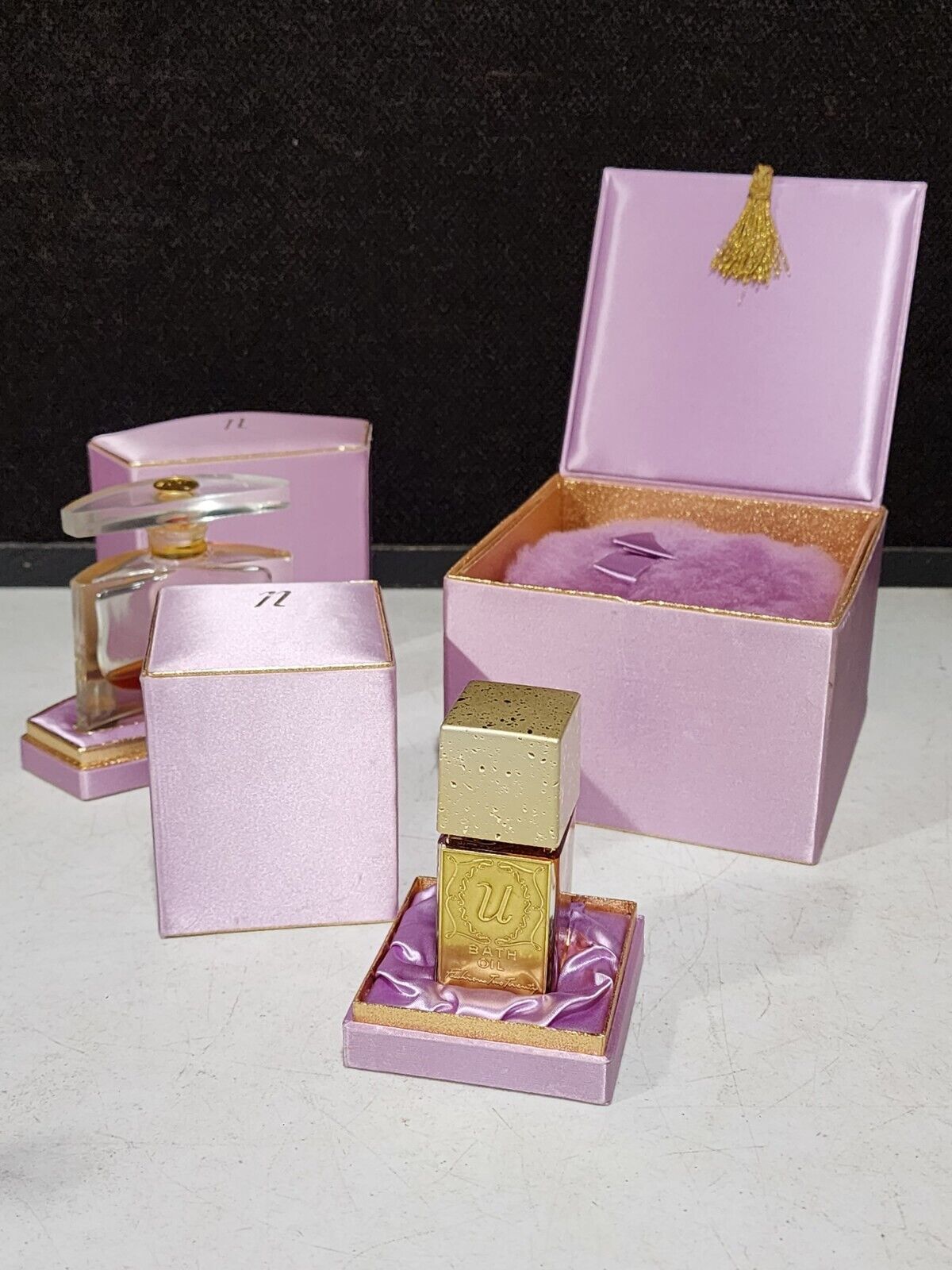 3- Vintage - Rare Fashion Two Twenty U-Bath Oil Perfume Powder Purple Silk Boxes