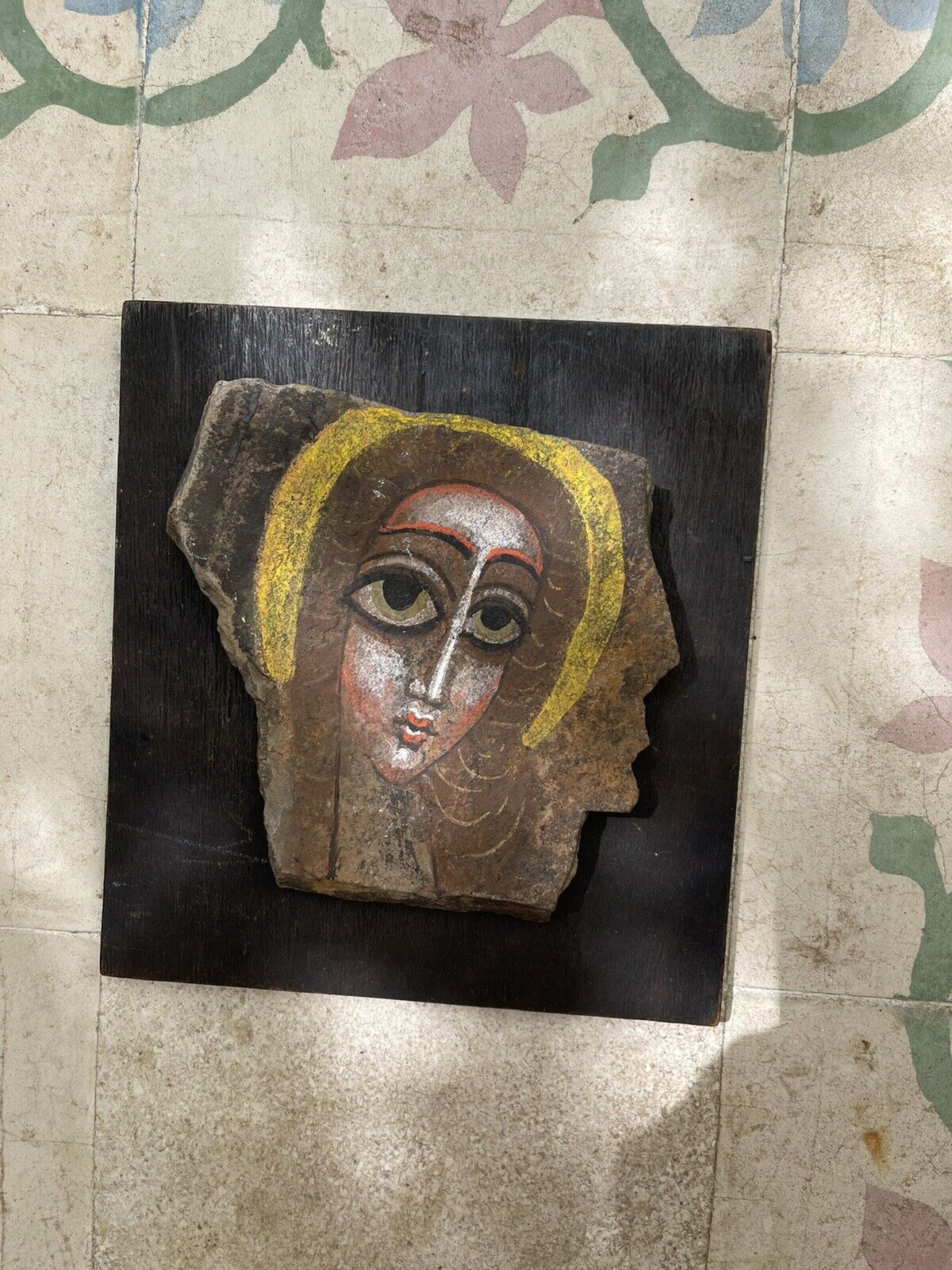 Old christian icon painted on stone tile holy land Placed On Board Virgin Mary