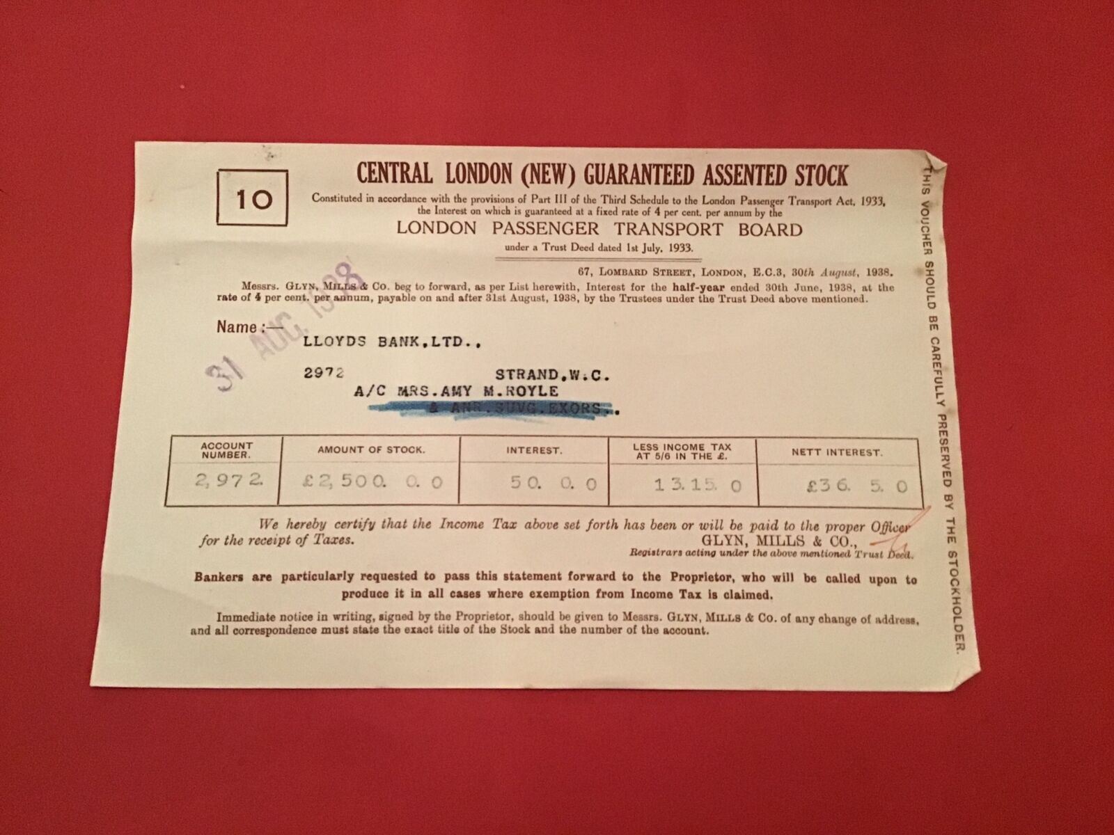 Central London New Guaranteed Assented Stock 1933 Stock receipt R35626