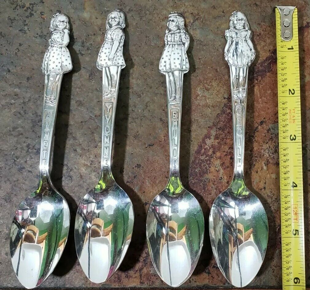 🔎👀 LOT OF 4 c1939 DIONNE QUINTUPLET SILVERPLATED TEASPOONS / YOUTH👩‍✈ SPOONS
