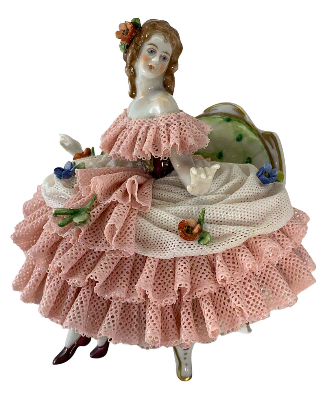 Mint German Volkstedt 1762 Dresden Lace Porcelain Sitting Lady