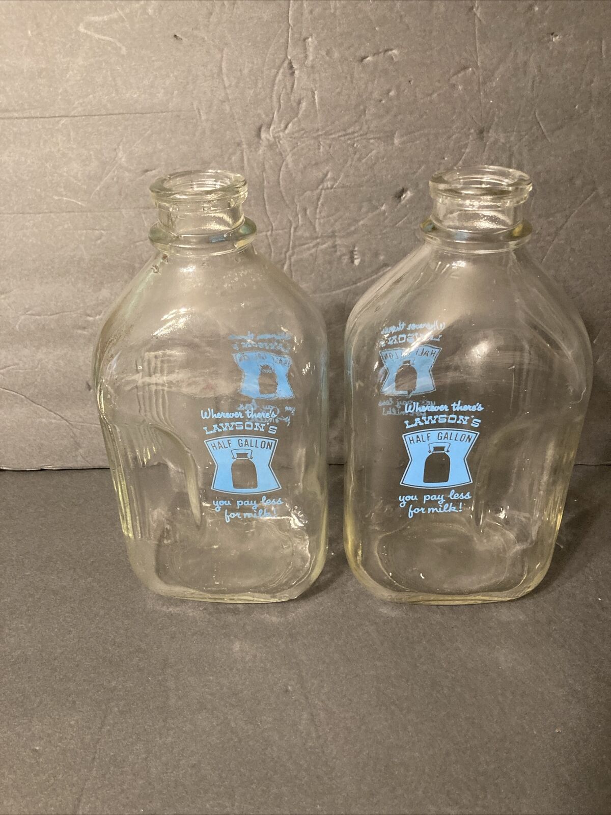 Vintage Lawson's Half Gallon Glass Milk Jug Celar with Blue Lettering Lot of 2
