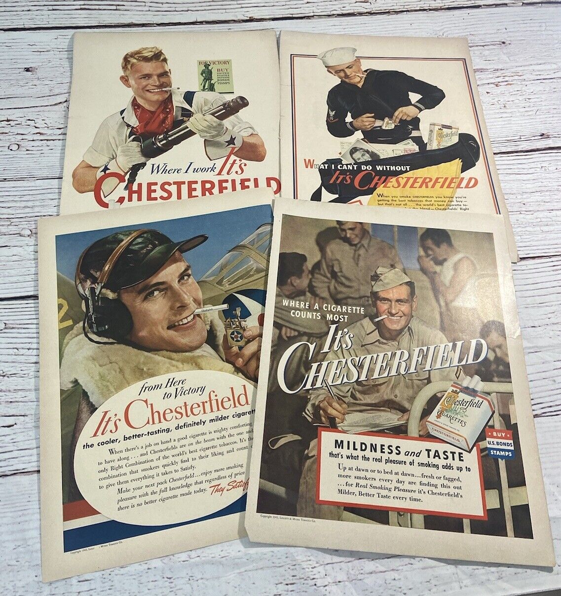 Set Of 4 VTG WWII Chesterfield Cigarette Ads 1940s Art Military