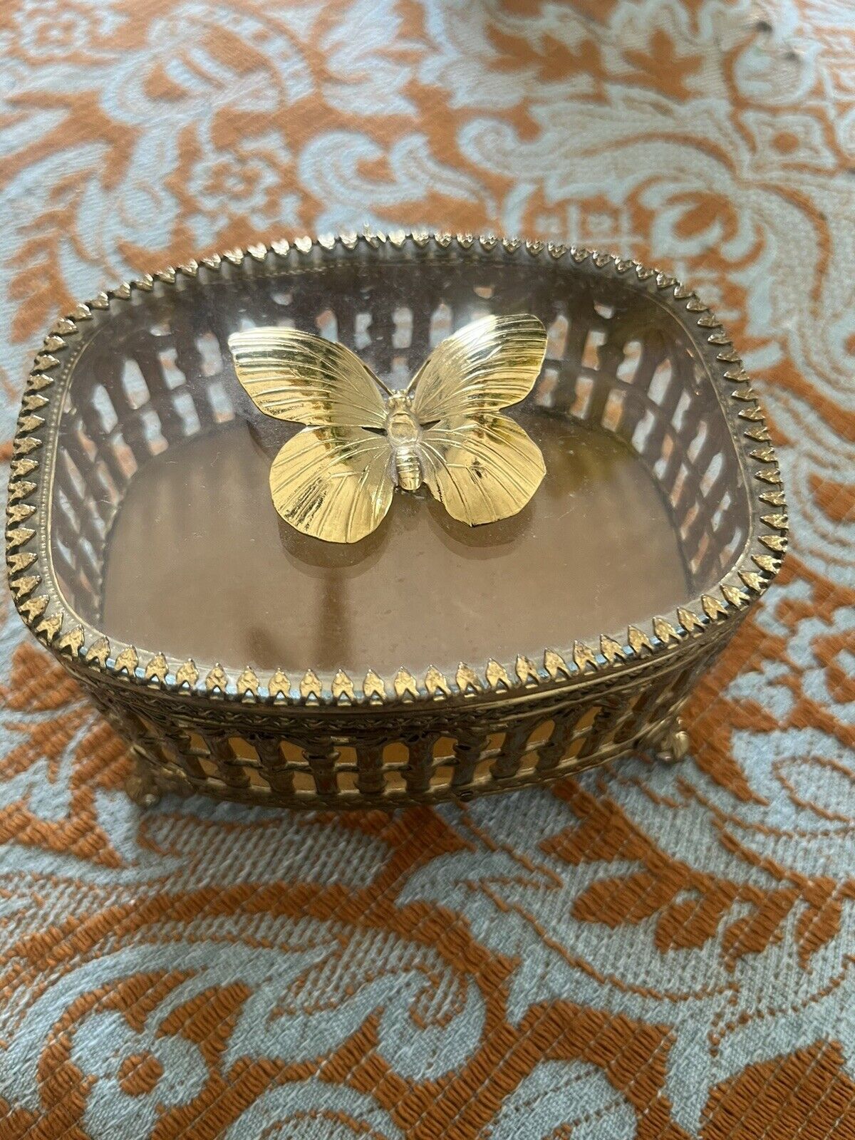 Vintage Butterfly Regency Gold Toned Square Footed Trinket Casket Jewelry Box