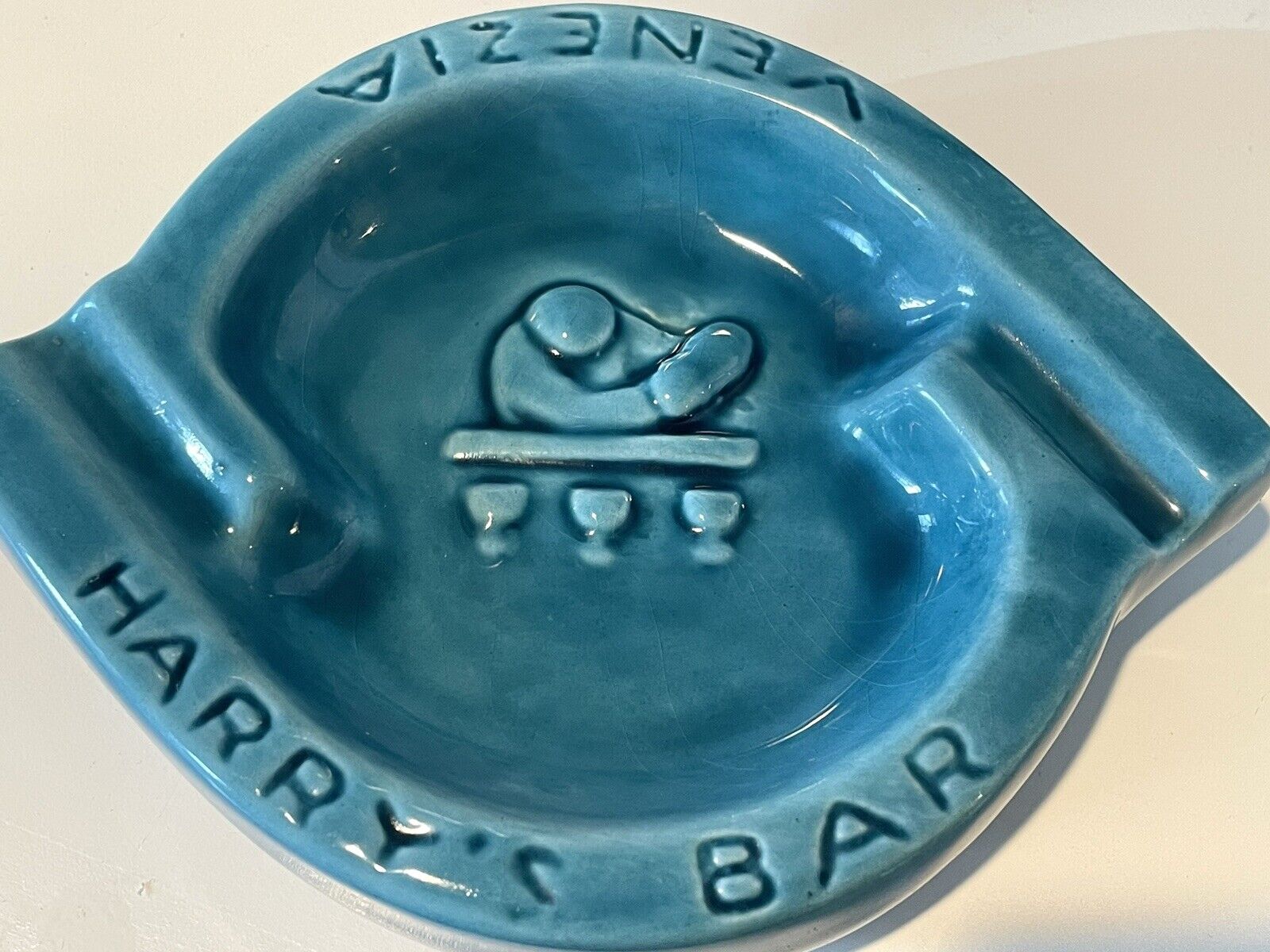 Vintage Harry's Bar Venezia Italy Ashtray In McM Teal Blue Excellent