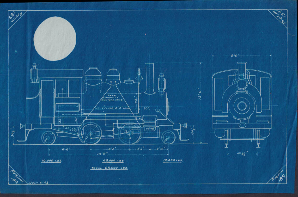 2-4-2 tank switcher steam locomotive #189 preliminary railroad blueprint 1898