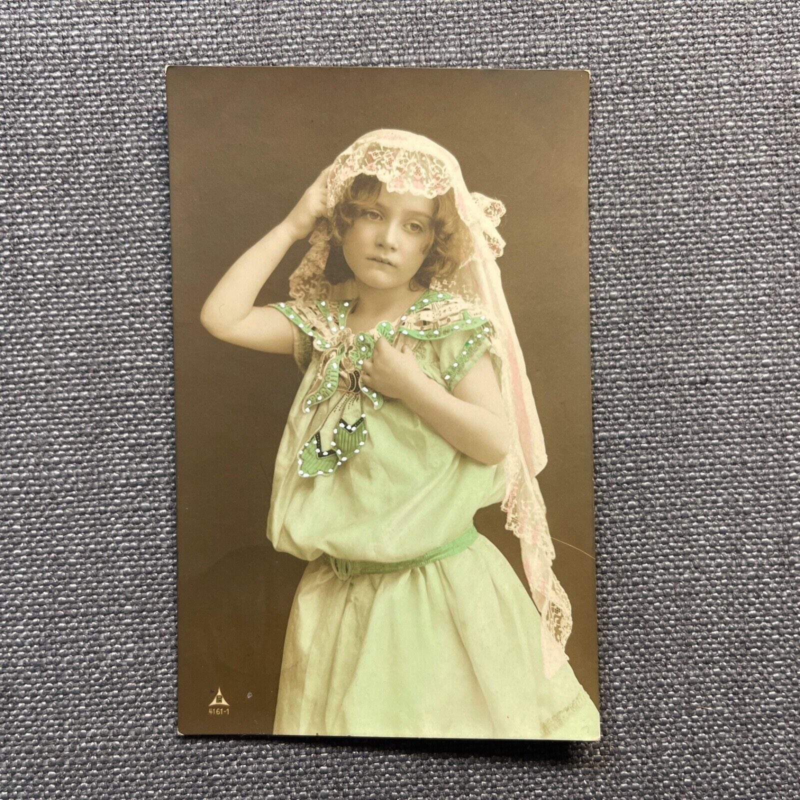 Vintage German Postcard Rppc Hand Tinted Color Girl Wearing Dress and Veil
