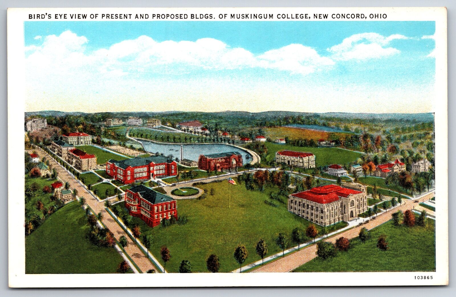 New Concord Ohio~Muskingum College Architectural Birdseye View~1920s Postcard