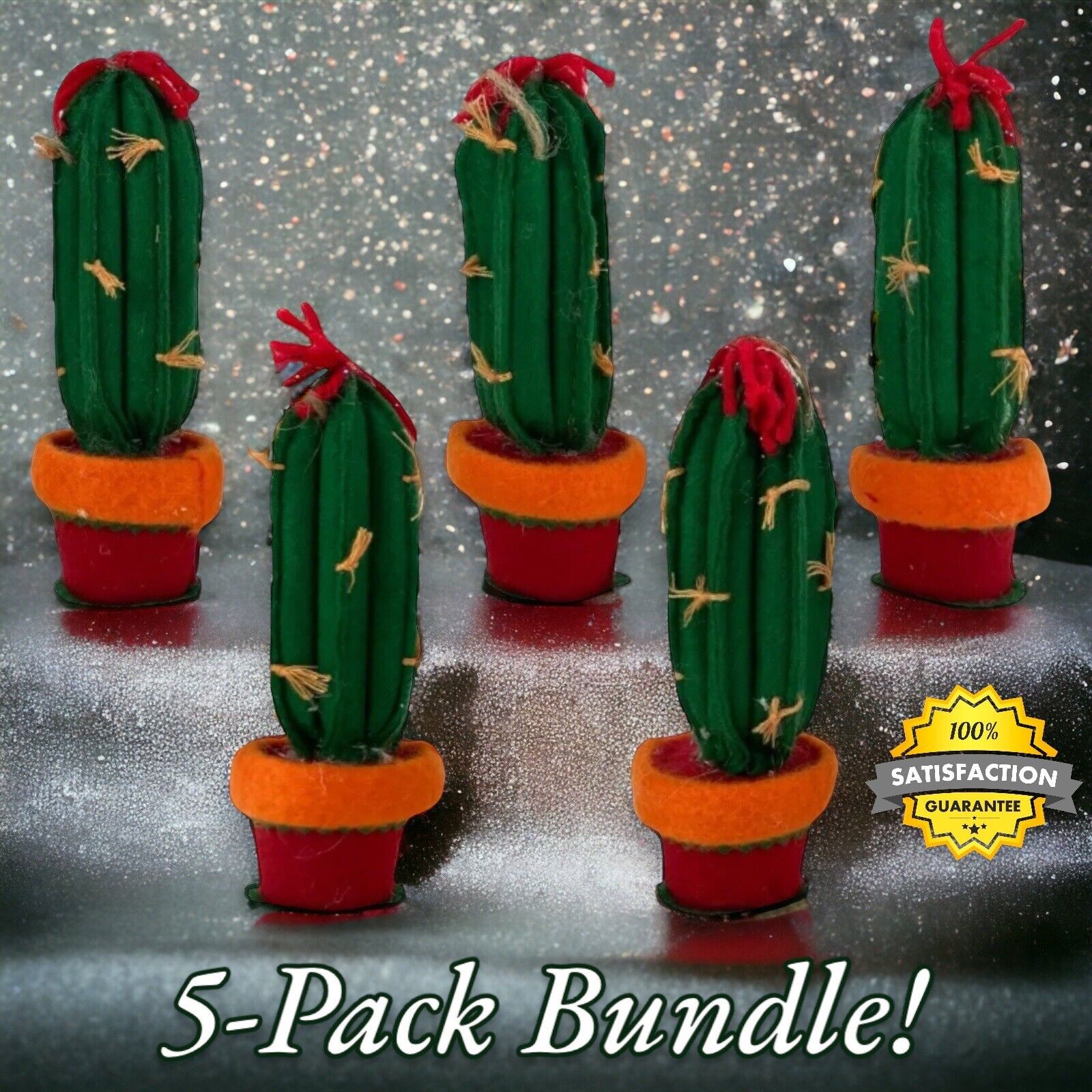 5-PACK Felt Potted Cactus Plant Christmas Holiday Ornaments 5.75 X 1.9 inches