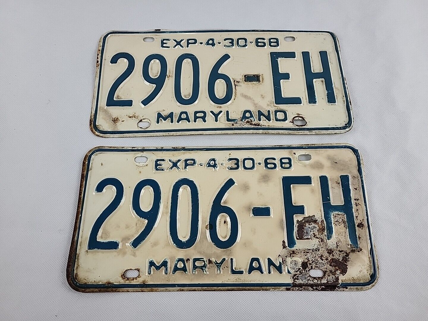 Maryland License Plates Matching Pair Vintage 1968 2906-EH EUC