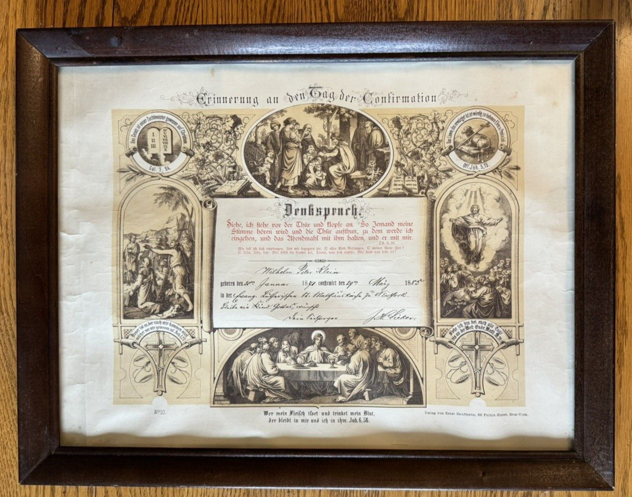Antique German American Confirmation Certificate 1883 Wilhelm Peter Klein Framed