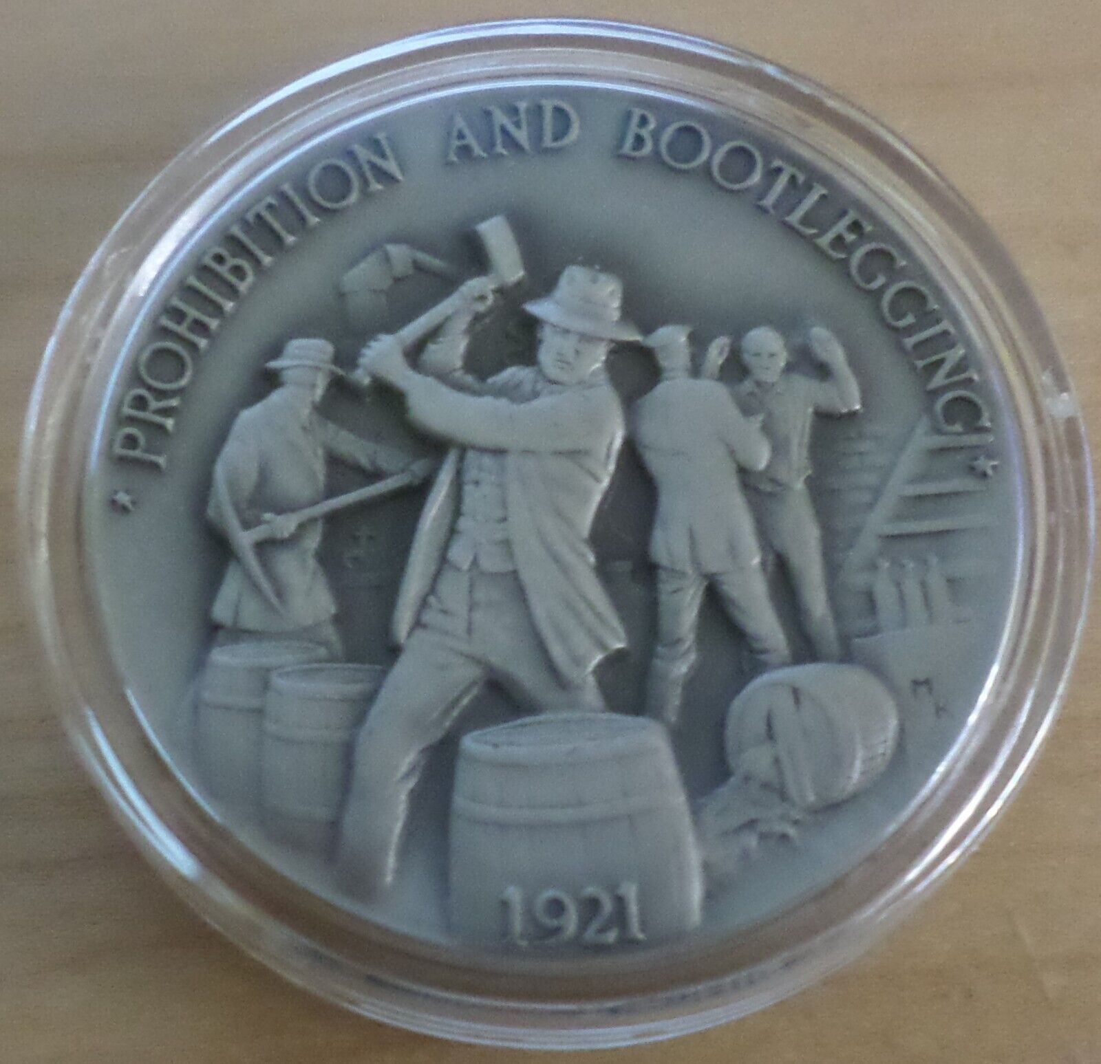 Prohibition & Bootlegging Whiskey Barrels Agents Vintage Pewter Medal in Capsule