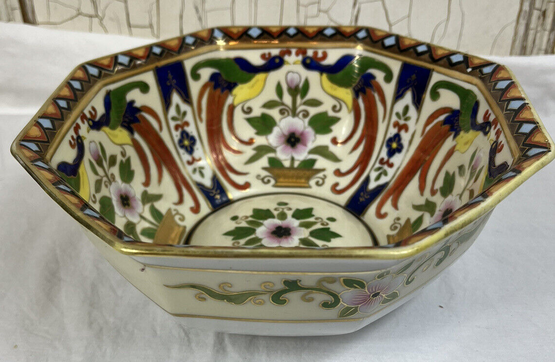 Noritake Peacocks and Flowers 8” Bowl Vintage Octagonal Porcelain Dish Japan