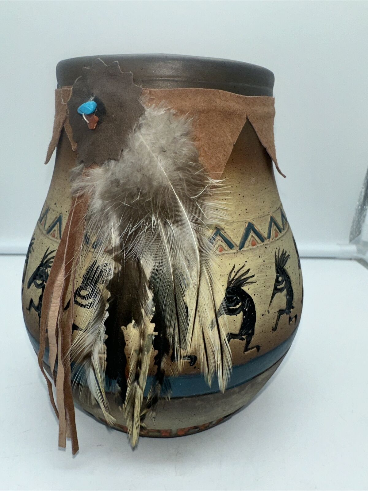 Native American Pottery Kokopelli Feathers Leather 6 Inch Unsigned.