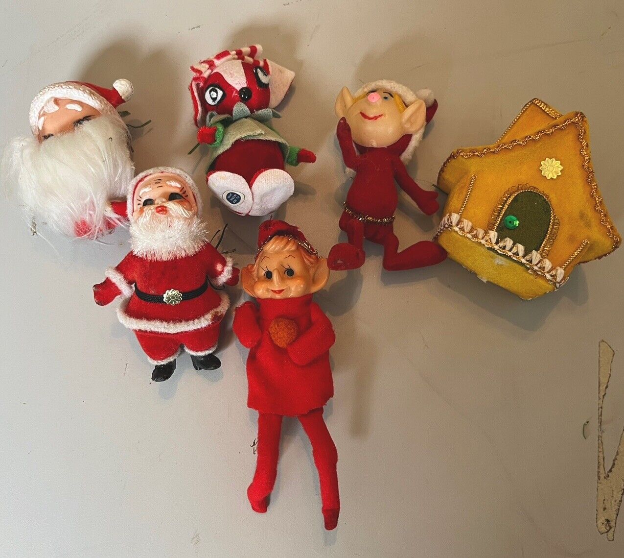 6 Vintage Christmas Ornaments Kitschy Made In Japan Santa Claus Elf Dog House