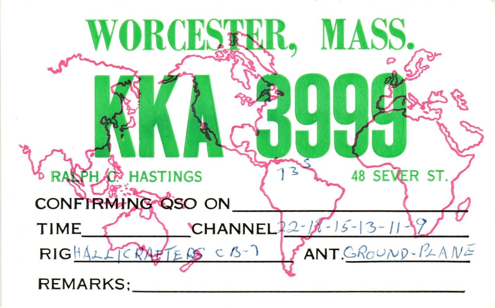 Vintage Postcard - QSL Citizen Radio Card KKA-3999 Worcester Massachusetts MA