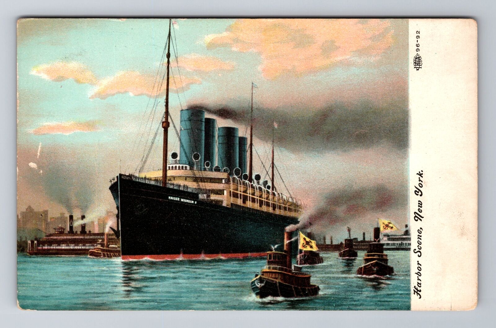 New York City NY, SS Kaiser Wilhelm II, New York Harbor Antique Vintage Postcard