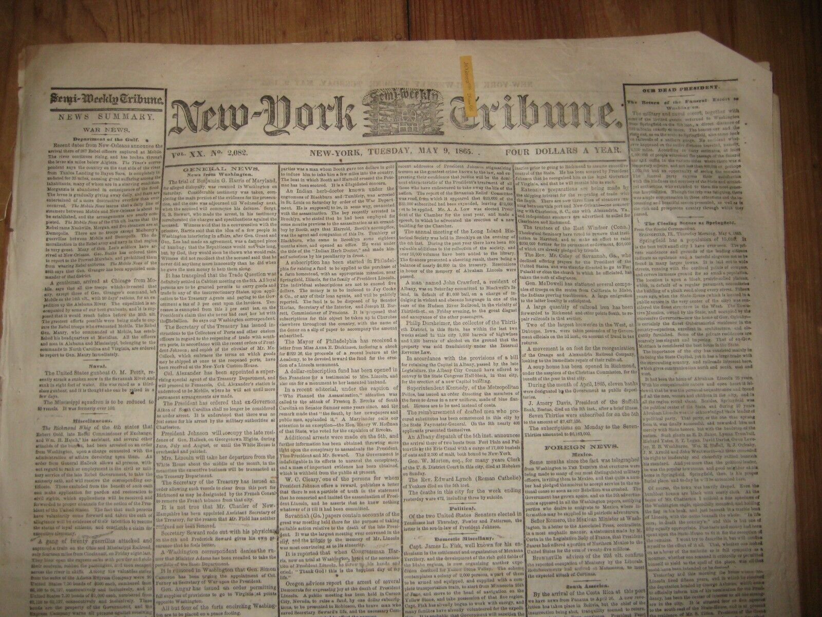 1865, New York Tribune, President Abraham Lincoln Assassination +