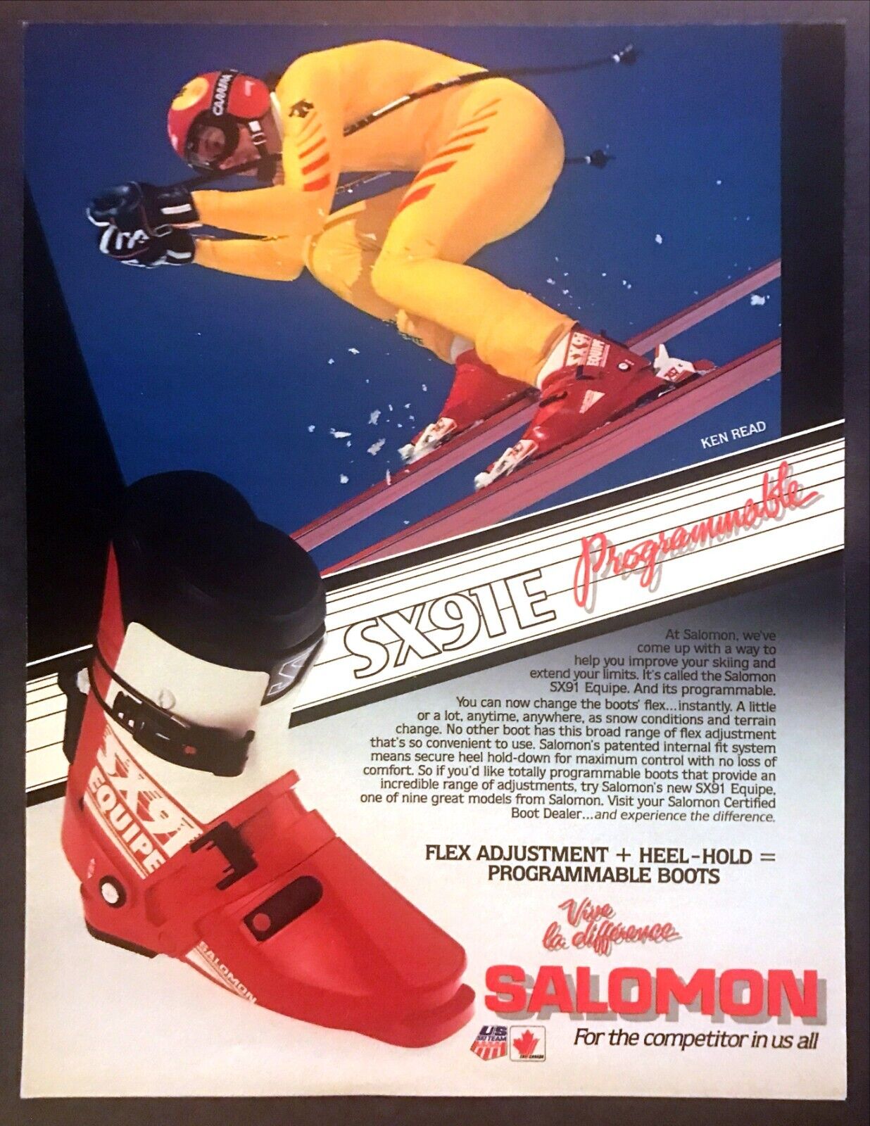 1985 Alpine Skier Ken Read photo Salomon SX91 Equipe Ski Boot vintage print ad