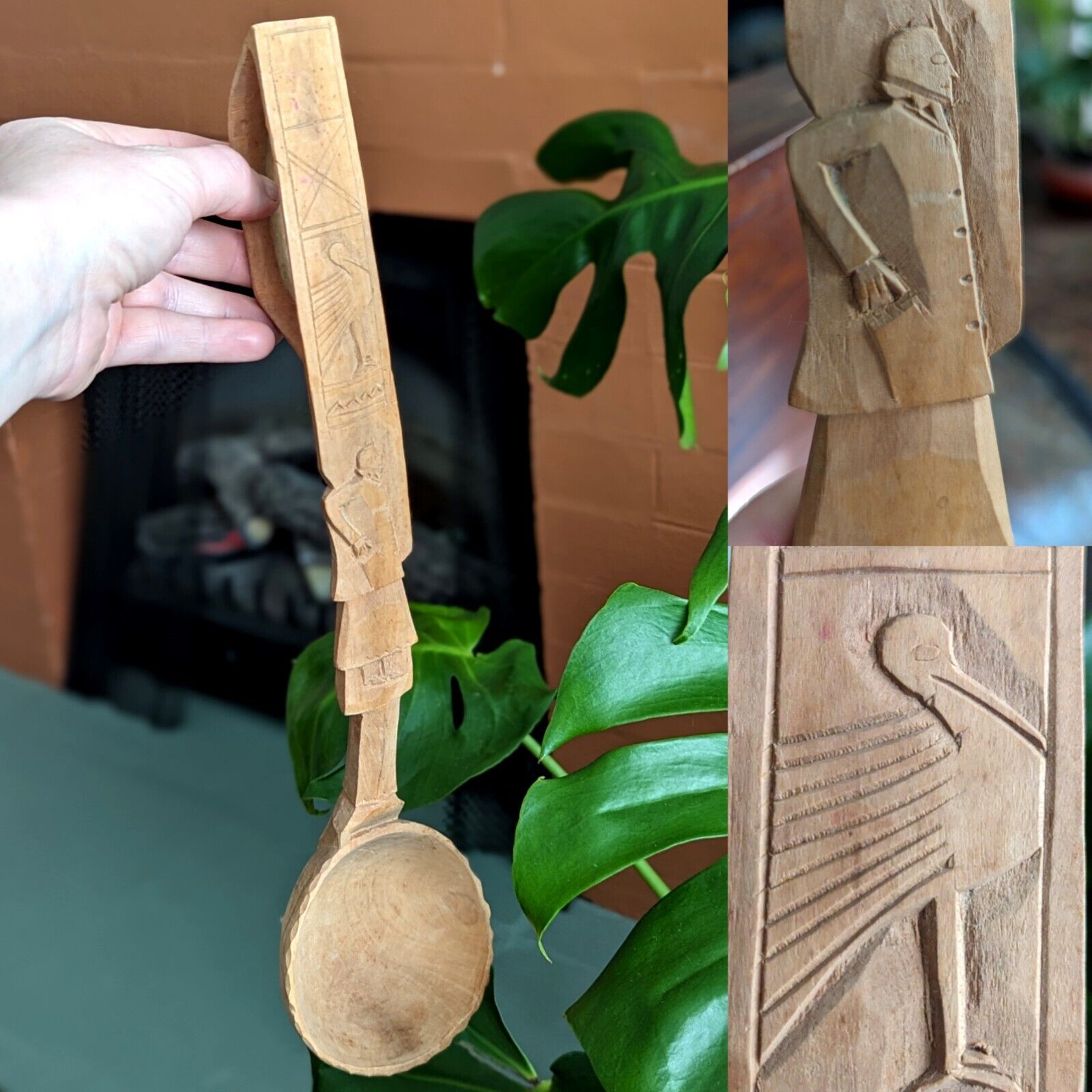 Vtg Hand Carved Ladle Spoon Wood Colonial Man & Bird George Washington Fellow