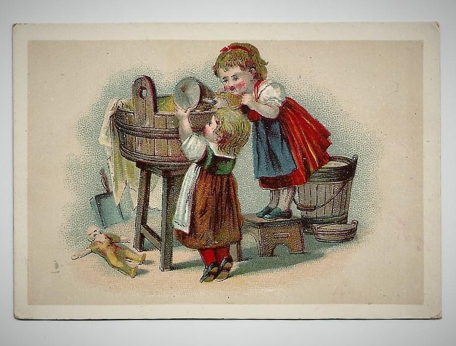 1894 Victorian Greeting Card 2 Girls Doing Laundry at Wash Tub w/Wooden Bucket