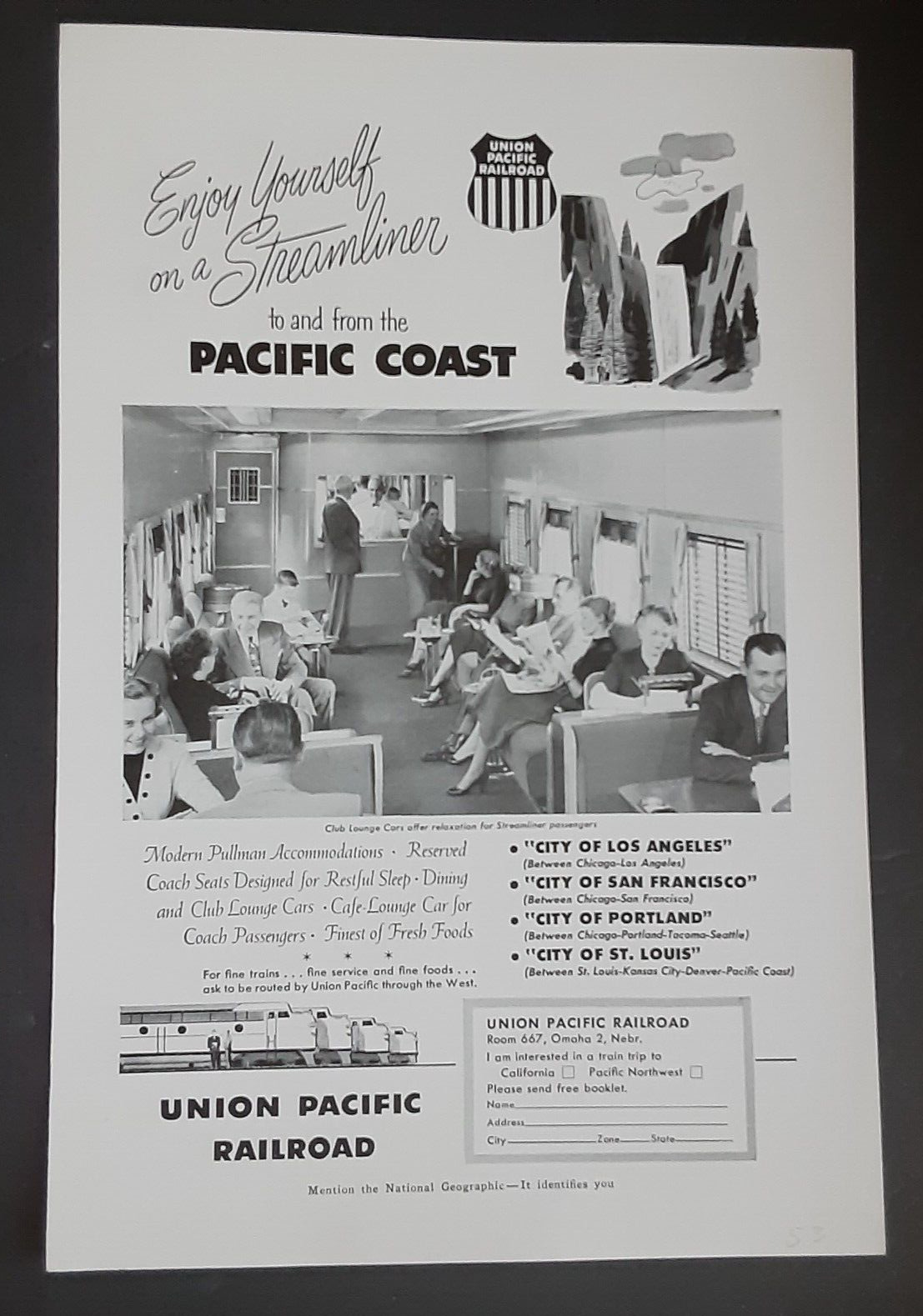 Original Union Pacific Railroad Train Print Ad Mid-Century 1940s CA Vintage