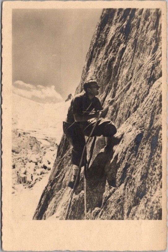 French ROCK CLIMBING Real Photo RPPC Postcard Climber on Rock Face / UNUSED