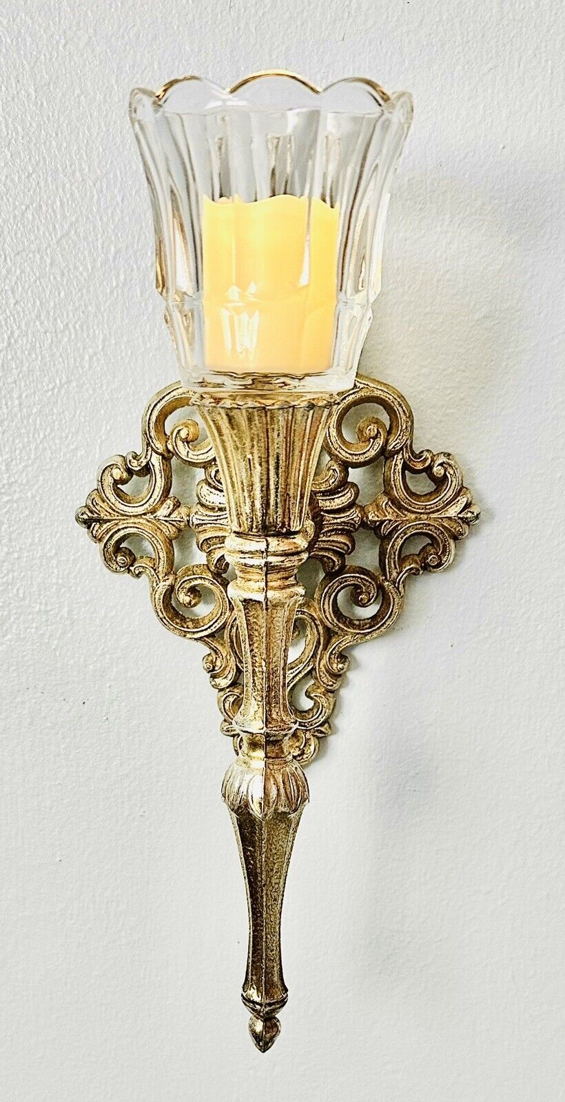 Vintage Hollywood Regency Cast Metal Gold Wall Sconce Candle Holder W/Votive