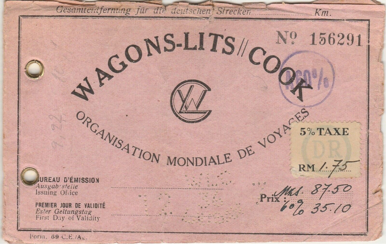GERMANY-ENGLAND WAGONS-LISTS COOK Ticket Tied Tax Stamp 1936