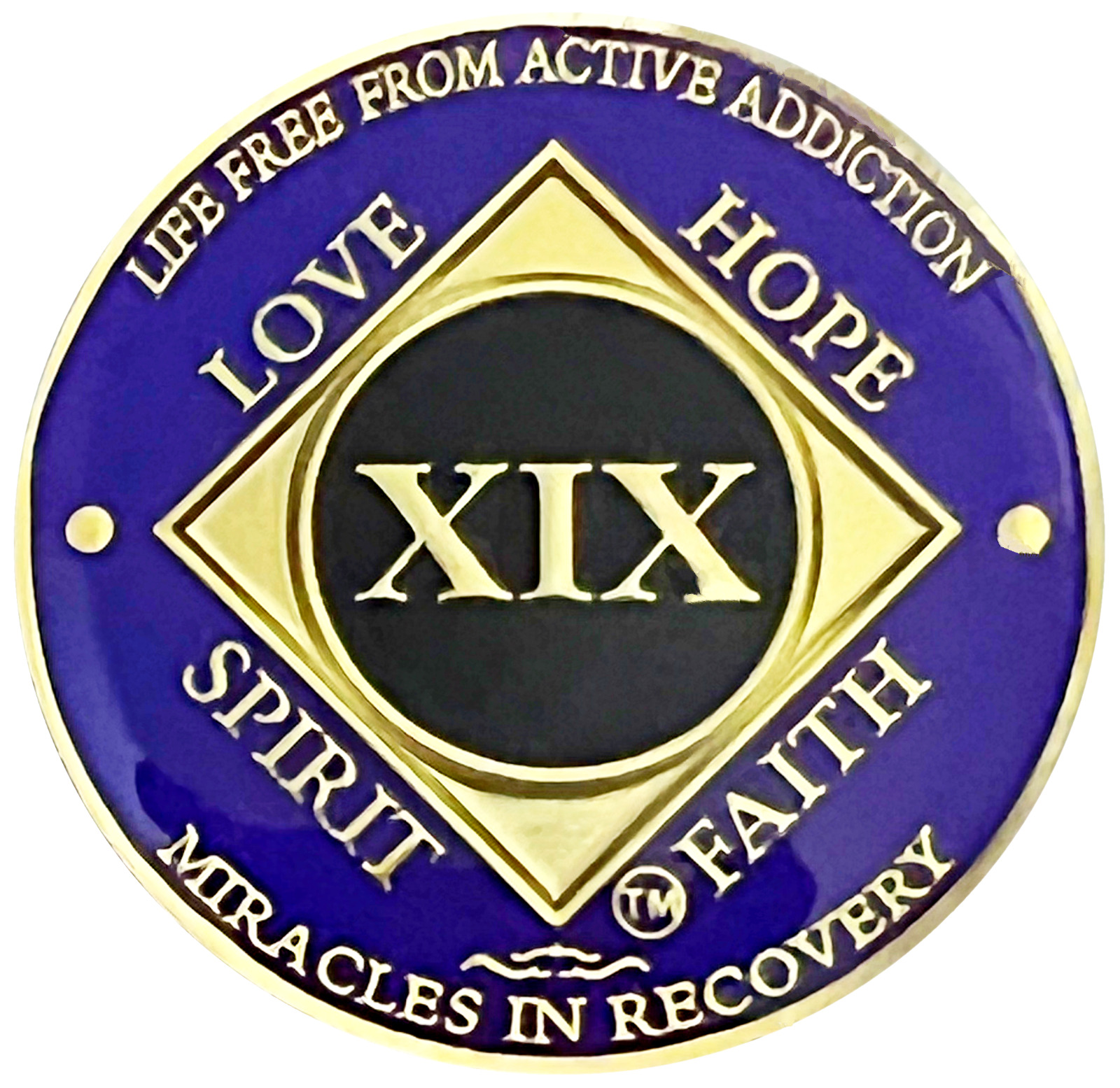 NA 19 Year Purple, Gold Color Plated Coin, Narcotics Anonymous Medallion
