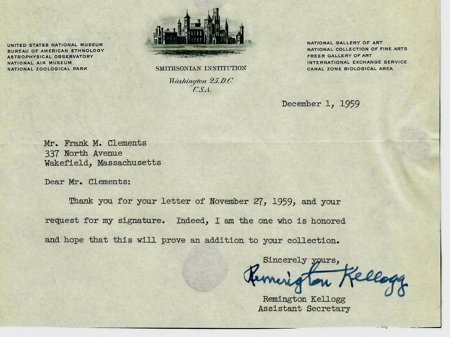 RARE “Smithsonian” Remington Kellogg Signed TLS Dated 1959 Mounted
