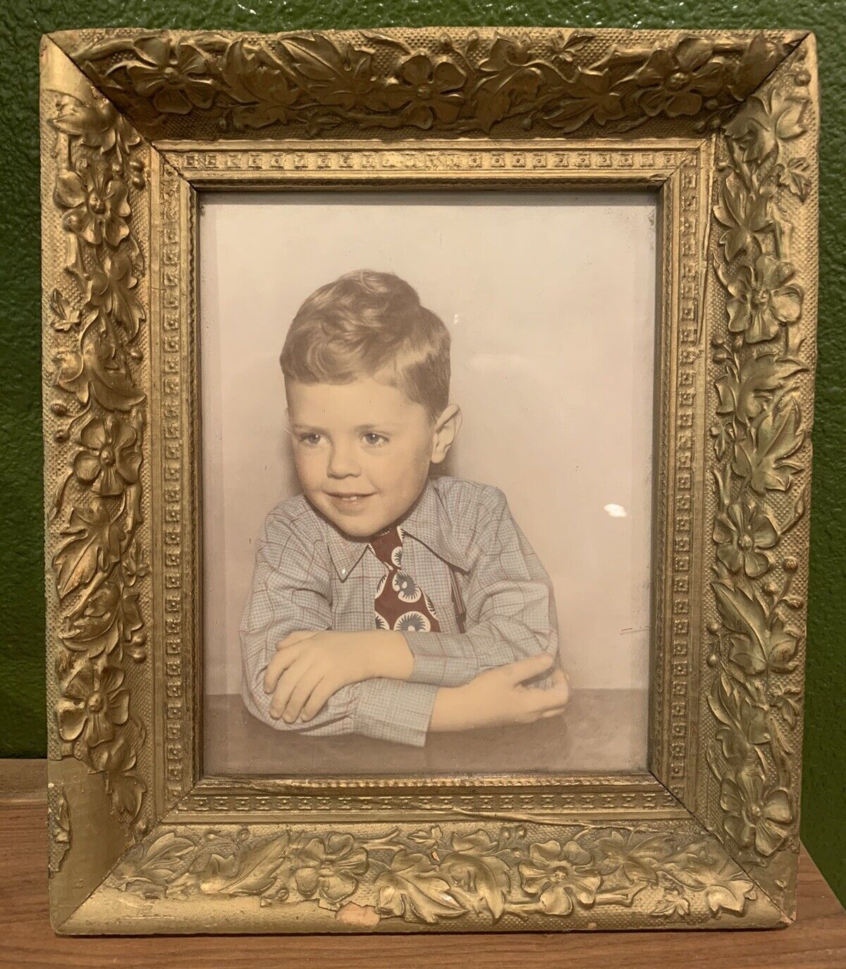 Vintage Gold Floral Gesso Picture Frame For 7.5 By 9.5 Inch Photograph Boy 40s