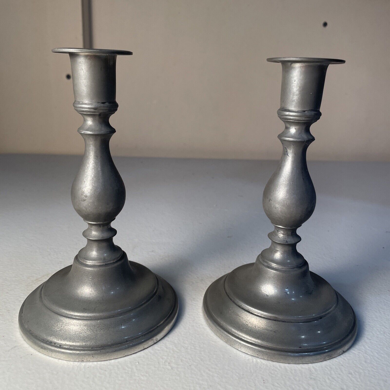 Rare Vintage Old Newbury Pewter Candlesticks With Error Casting Double Strike