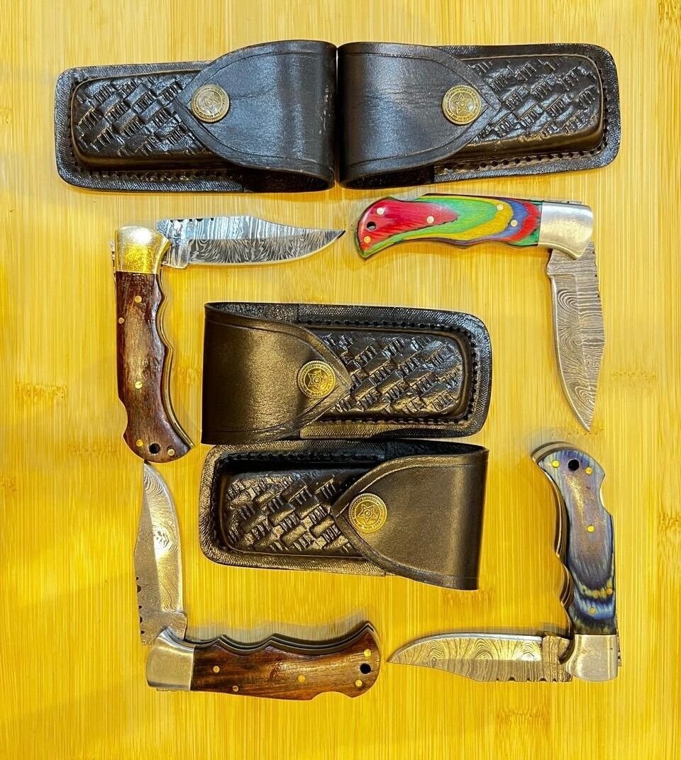 LOT of 4 pcs Damascus Steel Hunting Folding knife, Pocket Knives w/ Sheath WL