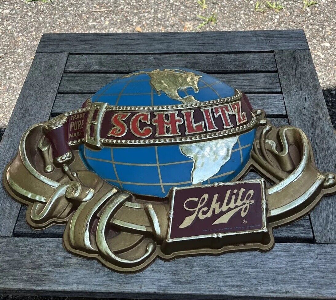 Vtg 1976 Schlitz Brewing Plastic Beer Sign Gilded Blue Globe Trade Pure Mark