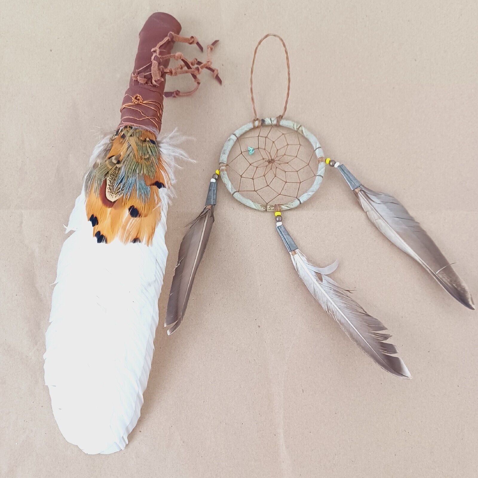 Native Southwest Decor Dreamcatcher Smudging Feather leather wrapped handle  